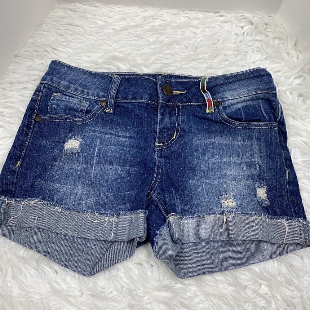 ZCO Jeans Shorts Womens Size 9 Denim Blue Distressed Low Rise Embroidered Pocket